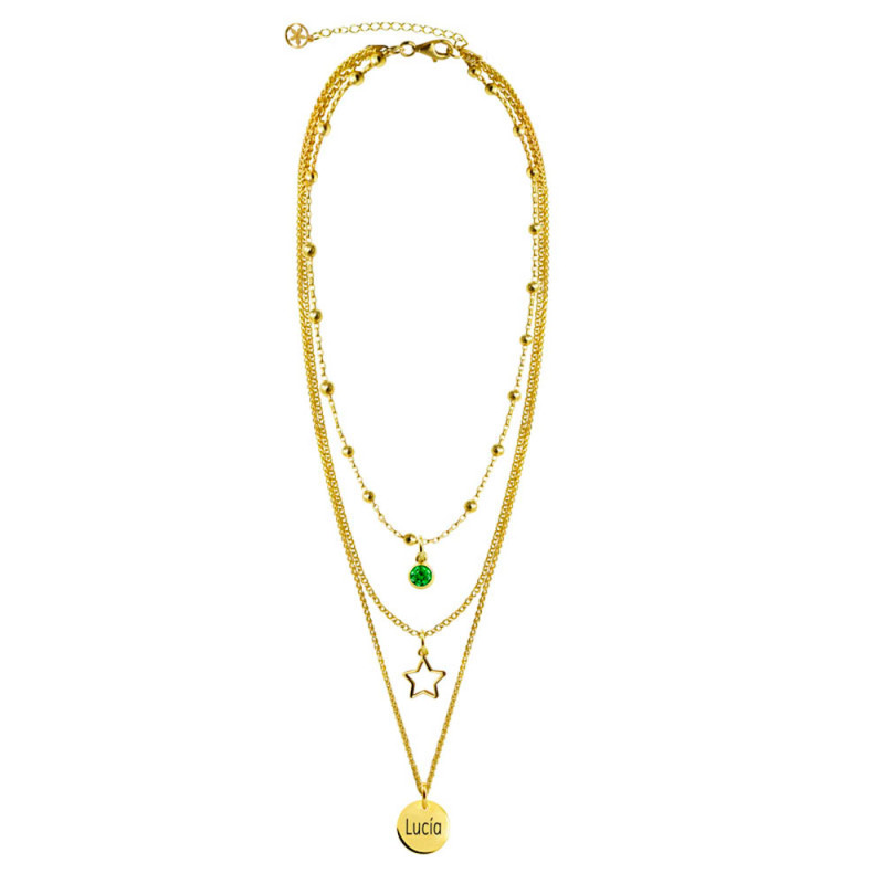Necklace with green zirconia, cut-out star and medal