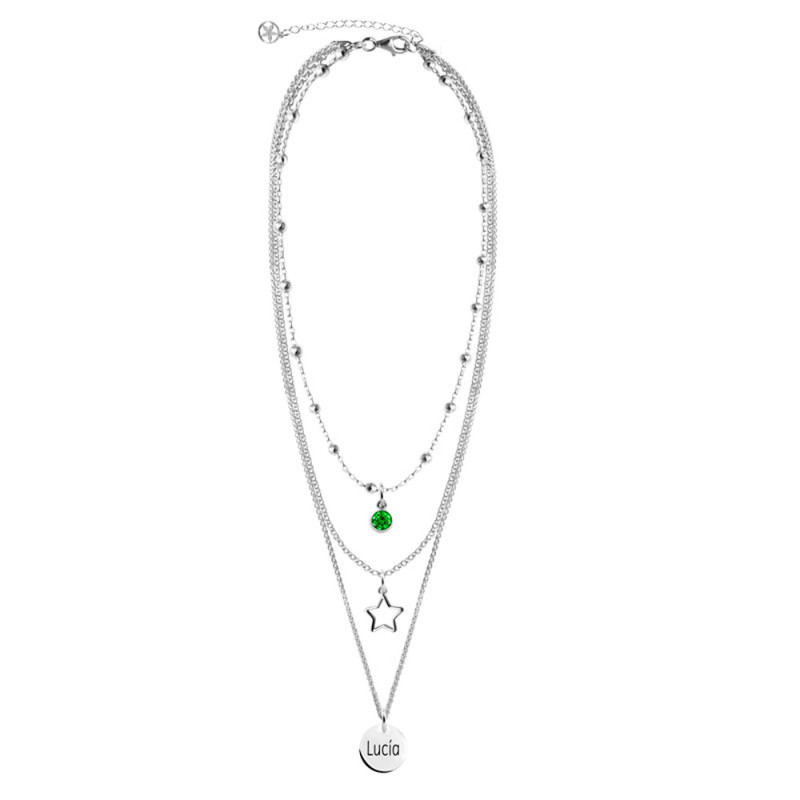 collar plata con circonita verde, estrella calada y medalla