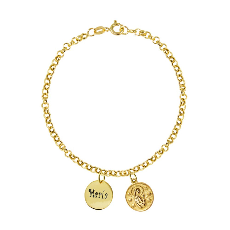 pulsera de oro con medalla virgen con medalla grabada