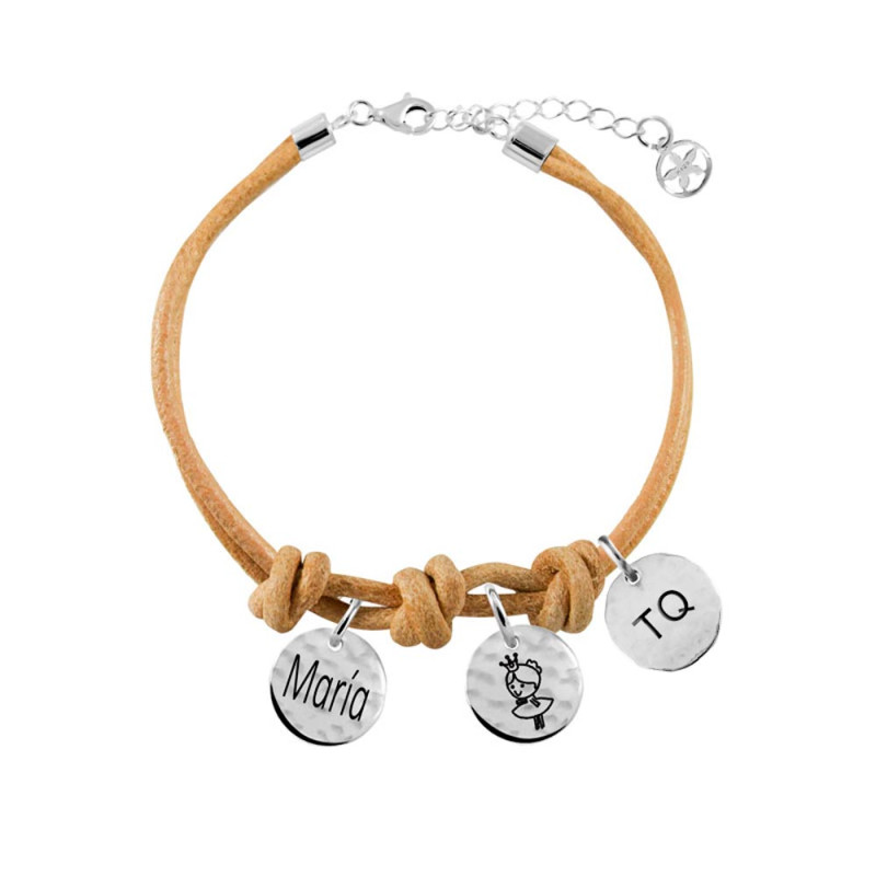 pulsera cuero camel con 3 medallas