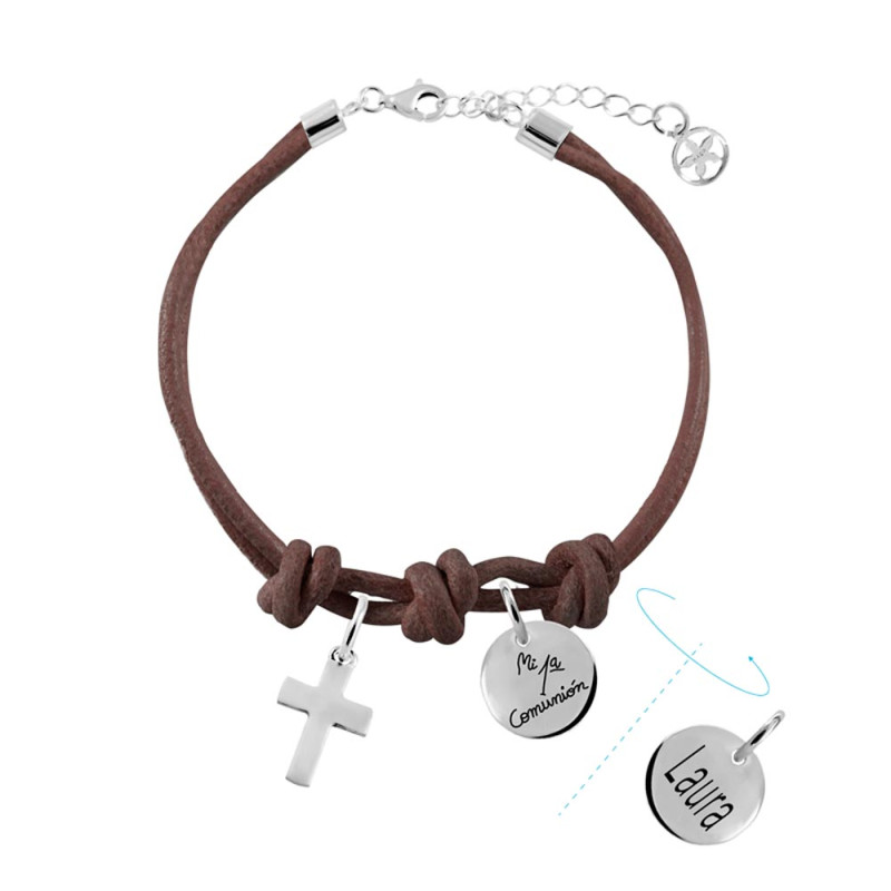 pulsera cuero marron cruz