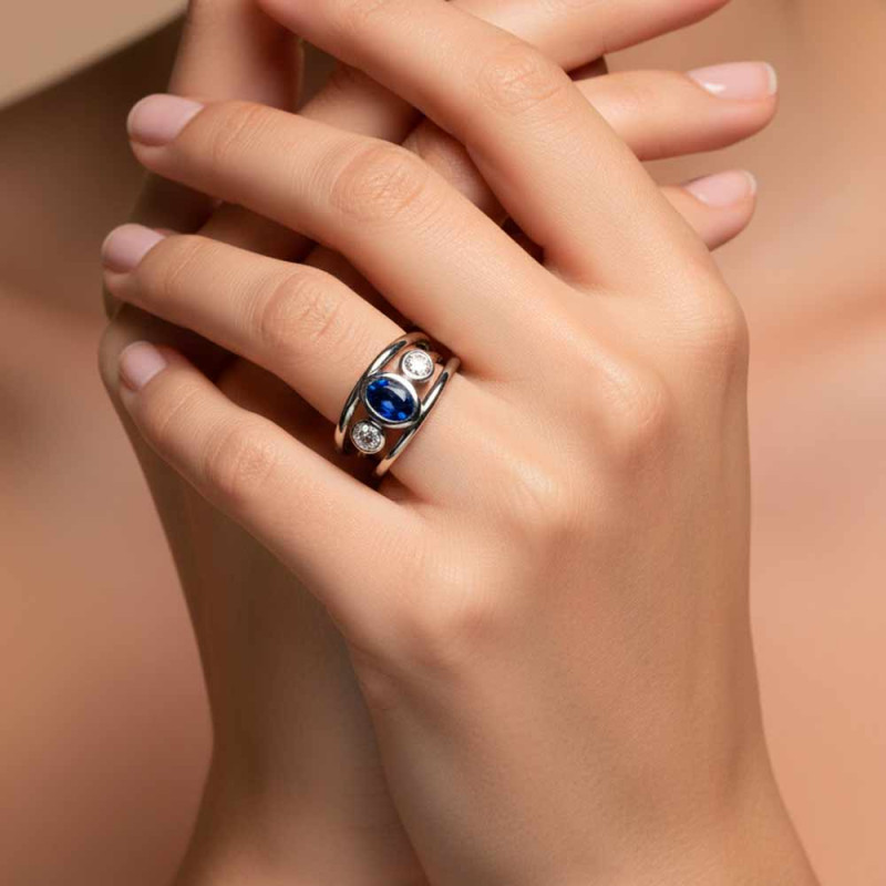 White Gold Ring with Kainite and Cubic Zirconias