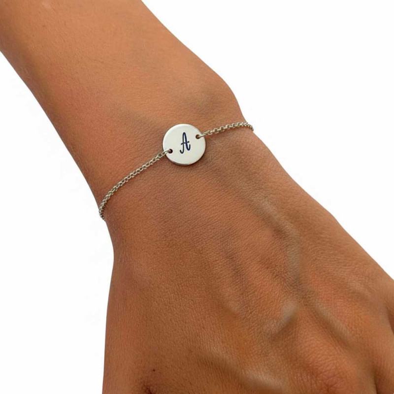 Silver Chain Bracelet with Small Medallion and Engraved Initial