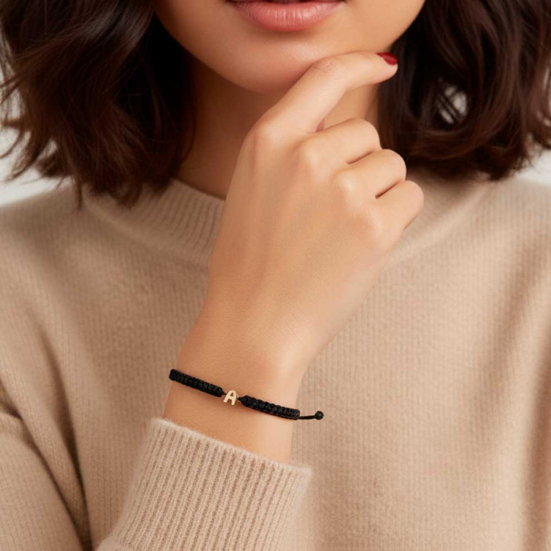 Gold initial bracelet for women with macramé thread