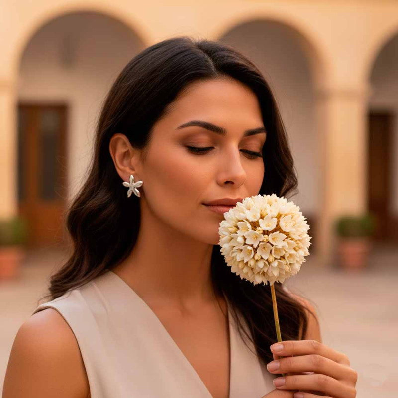 Pendientes jazmín biznaga de plata