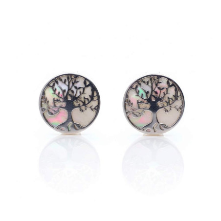 Mother-of-pearl stud earrings with a silver tree of life design