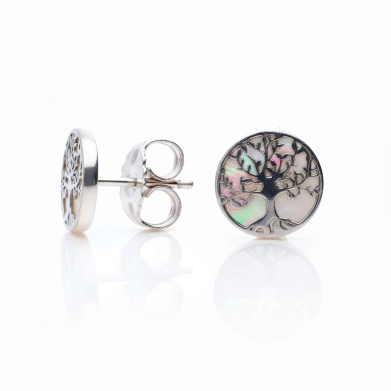 Snapback stud earrings with a silver tree of life design set on mother-of-pearl.
