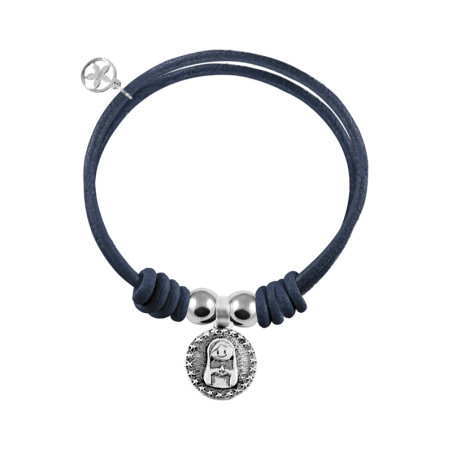 pulsera cuero azul marino con medalla de la virgen