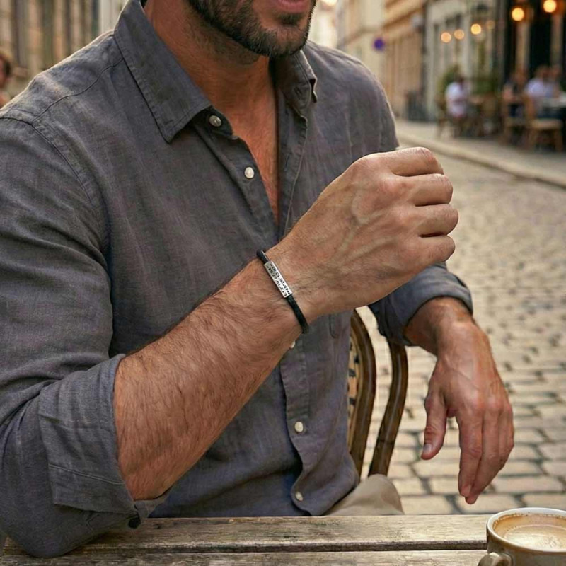 Pulsera coordenadas hombre, plata y cuero