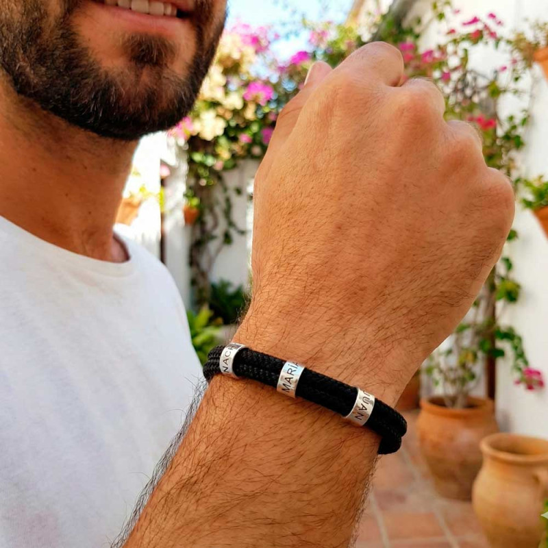 Pulsera hombre con cordino y plata con nombres personalizados