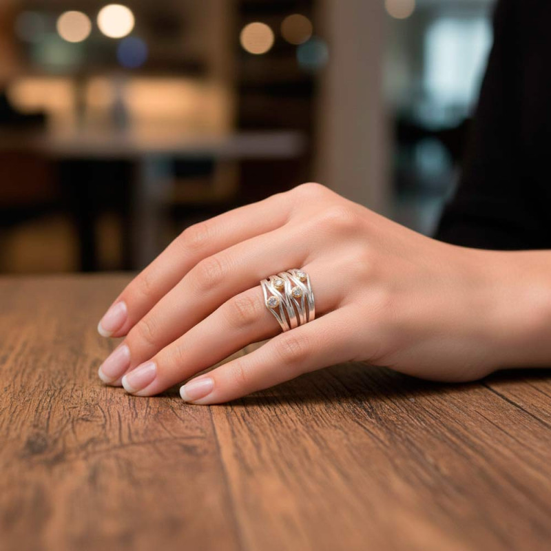 Irregular silver ring with cubic zirconia