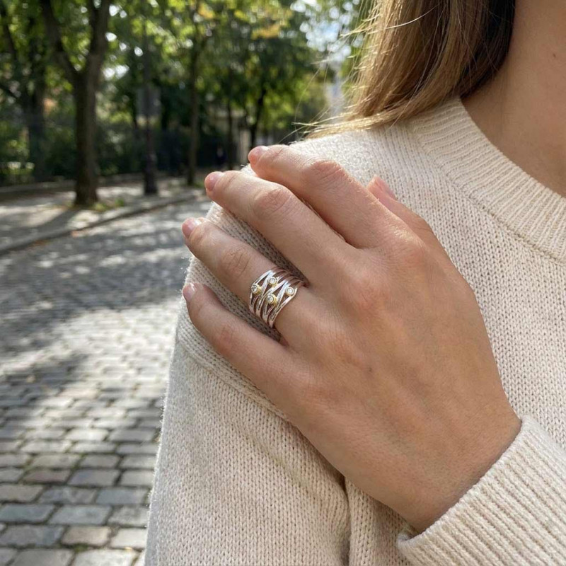 Silver and gold sparkling eye ring