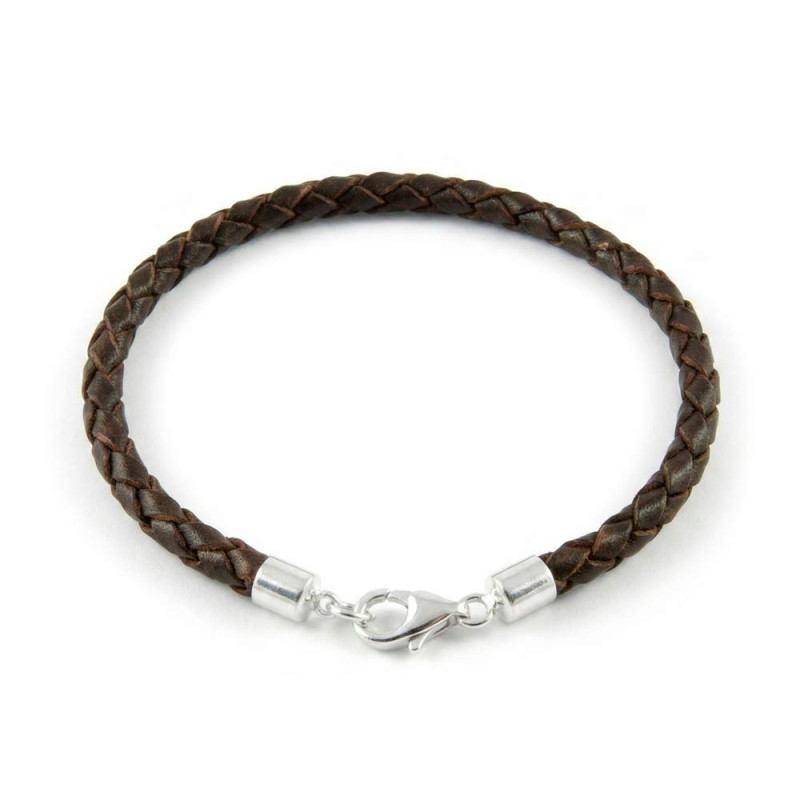 Pulsera cuero trenzado en marrón chocolate con terminales de plata