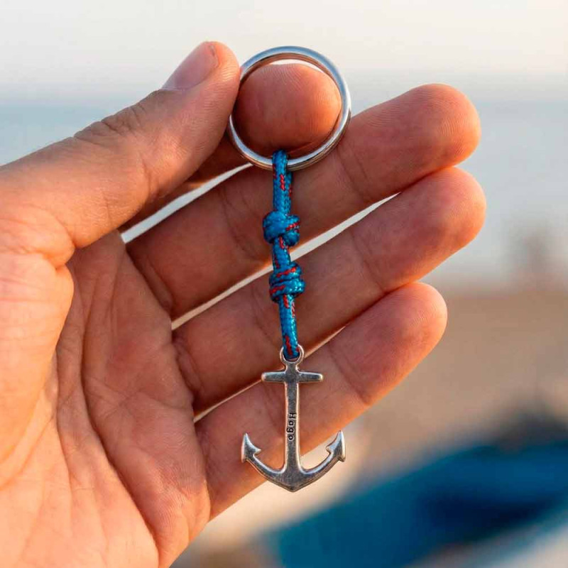 Anchor keychain with sailor's knot and blue cord