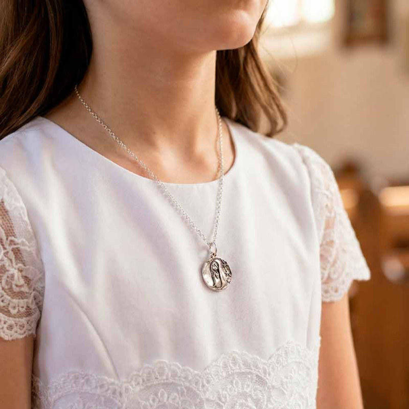 Silver necklace with Virgin Mary watch over me medal