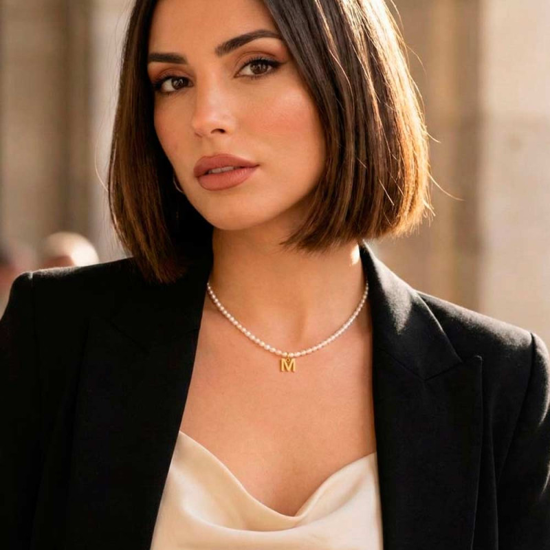 Initial M necklace with potato pearls