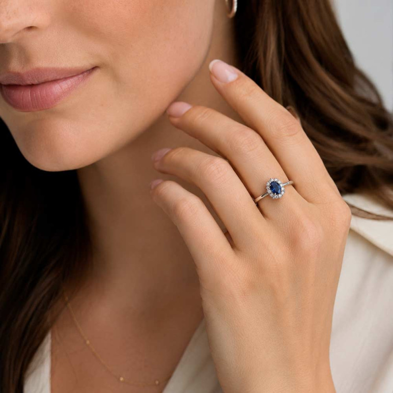 Anillo para pedidas en oro blanco, diamantes y zafiros