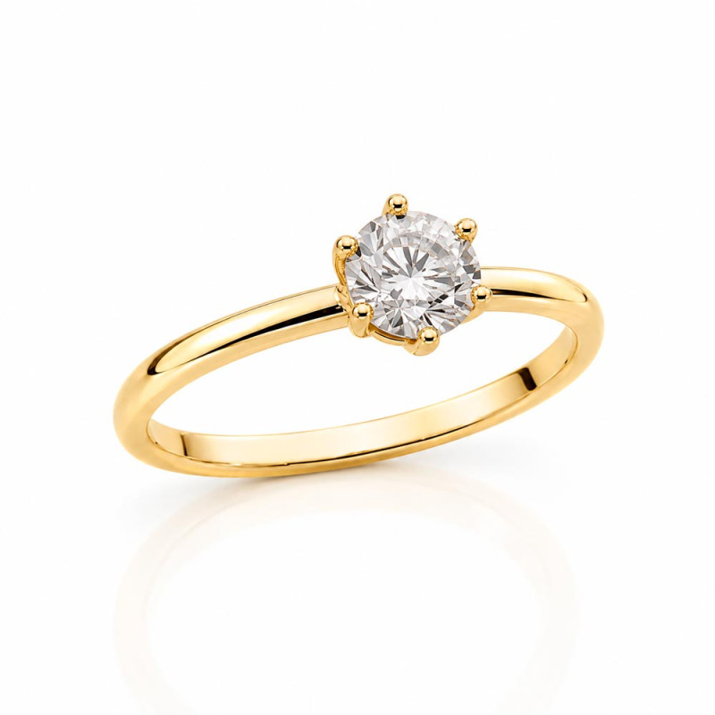 Solitaire ring with a central cubic zirconia set in prongs.