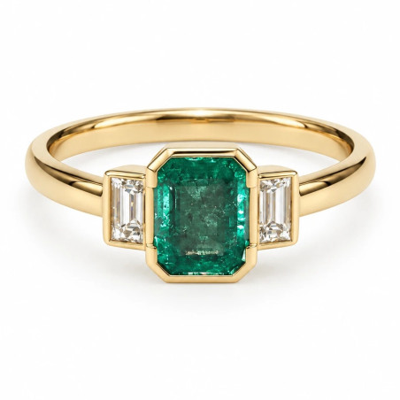 Yellow gold ring with rectangular emerald and two baguette diamonds