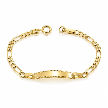 Baby gold ID bracelet with engraved-edge plate and Figaro 3+1 chain