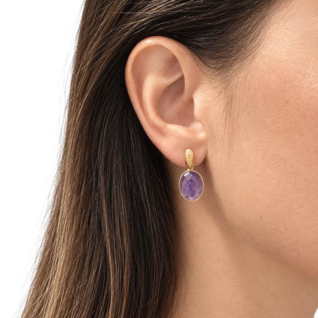 California amethyst earrings worn on the ear
