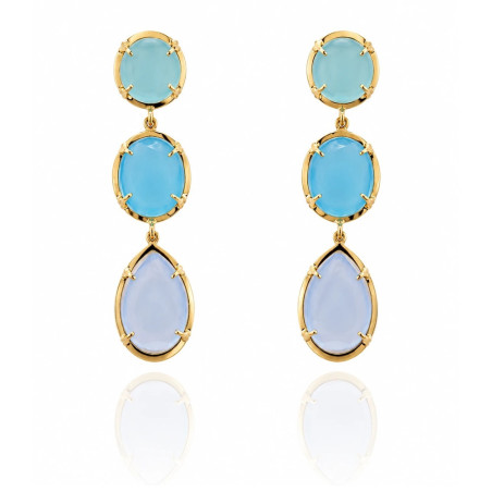 Pendientes largos de oro con tres piedras azules en degradado