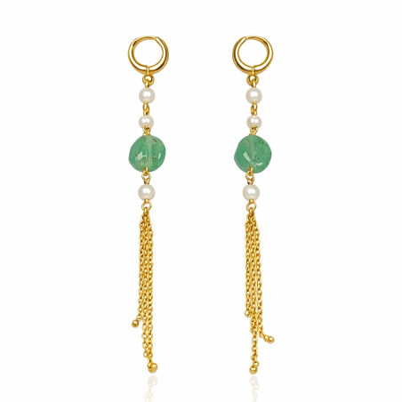 Long gold-plated silver earrings with green tourmaline and pearls