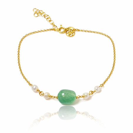 Pulsera de plata dorada con turmalina verde y perlas