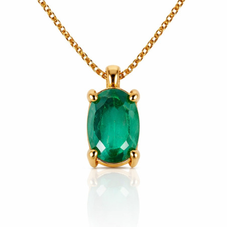 Close-up of the gold necklace with oval emerald