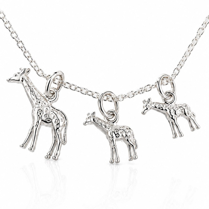 Giraffe necklace, mama with 2 babies in silver
