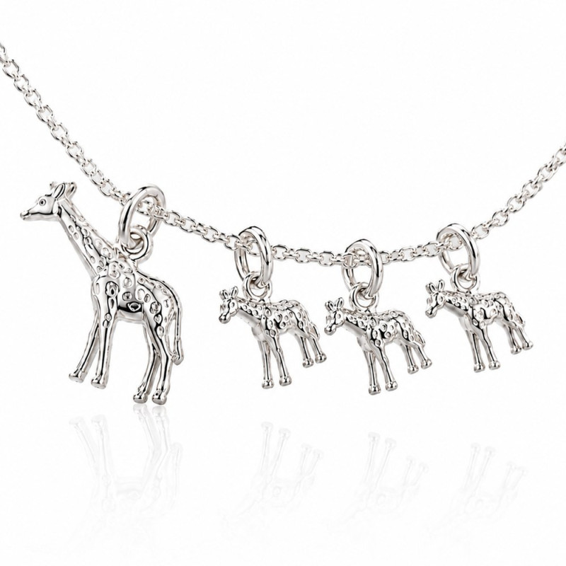 Giraffe necklace, mama with 3 babies in silver