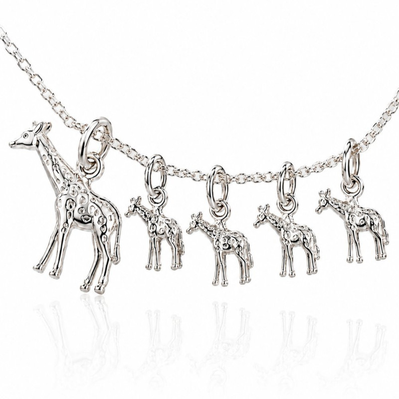 Giraffe necklace, mama with 4 babies in silver