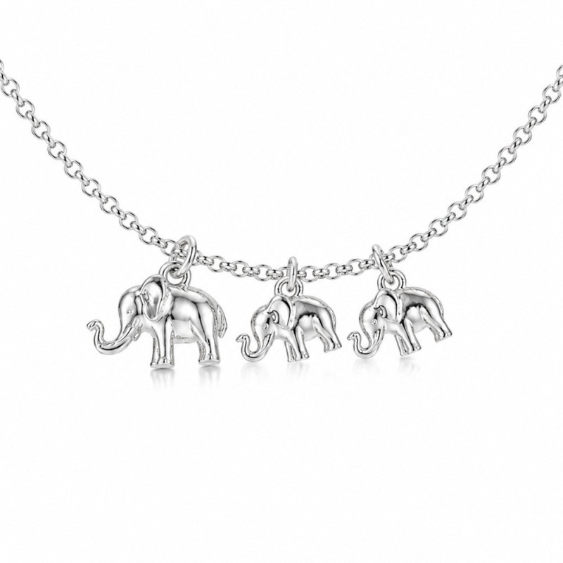 Elephant necklace, mama with 2 babies in silver
