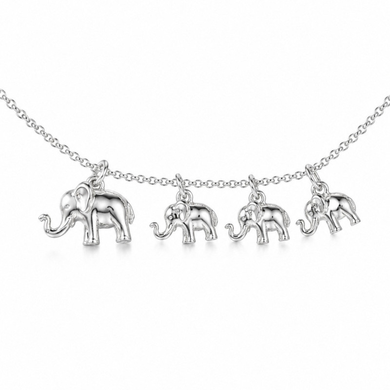 Elephant necklace, mama with 3 babies in silver
