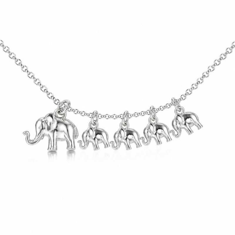 Elephant necklace, mama with 4 babies in silver