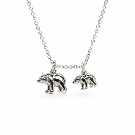 Bear necklace, mama with 1 baby in silver