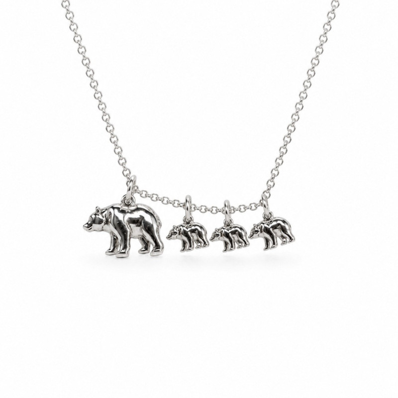 Bear necklace, mama with 3 babies in silver