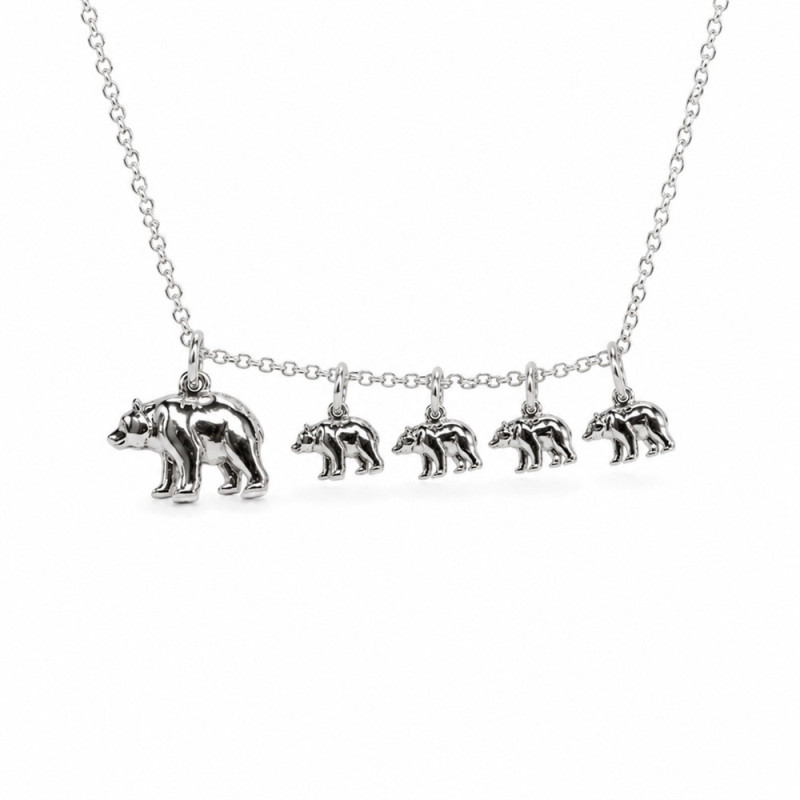 Bear necklace, mama with 4 babies in silver