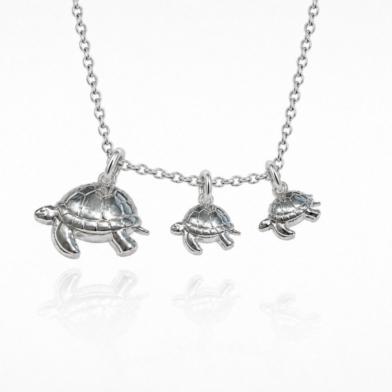 Turtle necklace, mama with 2 babies in silver