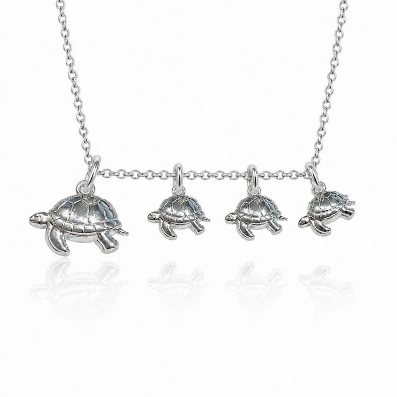 Turtle necklace, mama with 3 babies in silver
