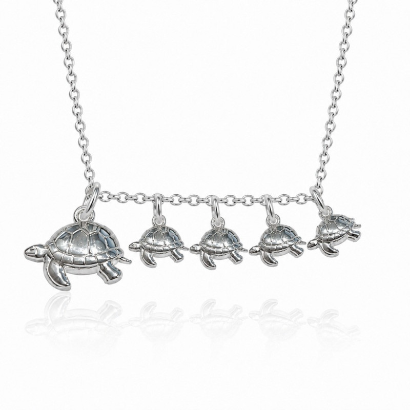 Turtle necklace, mama with 4 babies in silver