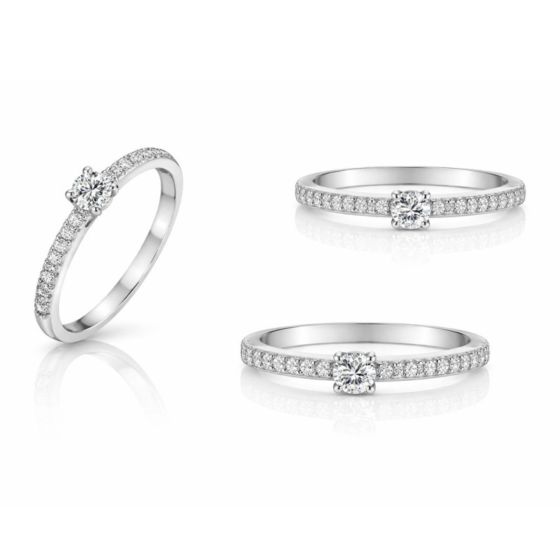 Anillo de oro blanco con diamantes en varias perspectivas