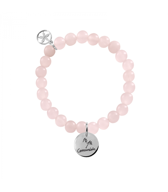 Pulsera mi 1º comunión en cuarzo rosa y medalla de plata