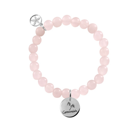 Pulsera mi 1º comunión en cuarzo rosa y medalla de plata