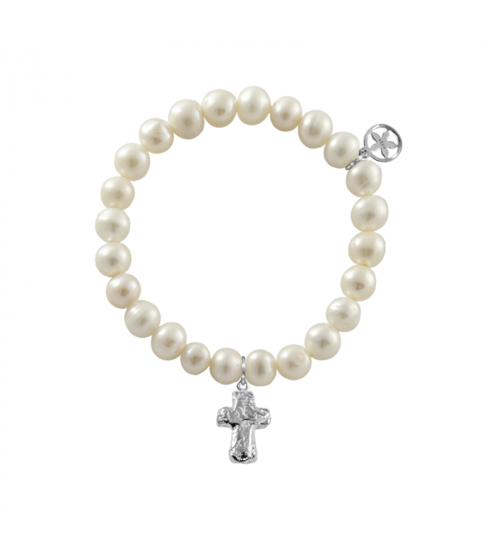 pulsera perlas con cruz
