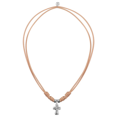 collar cordon cuero en color camel con cruz asimetrica