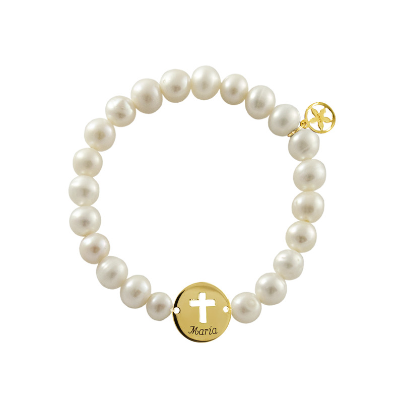 pulsera perlas medalla calada cruz