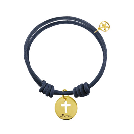 navy leather bracelet with gold medal cross