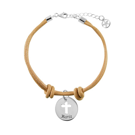 pulsera cuero camel medalla cruz