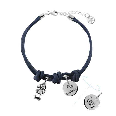 pulsera cuero azul marino con charm niña